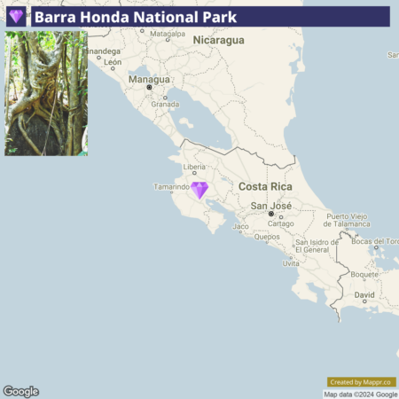 A map showing the location of Barra Honda National Park in Costa Rica, with a small inset photo of tree roots in the park.