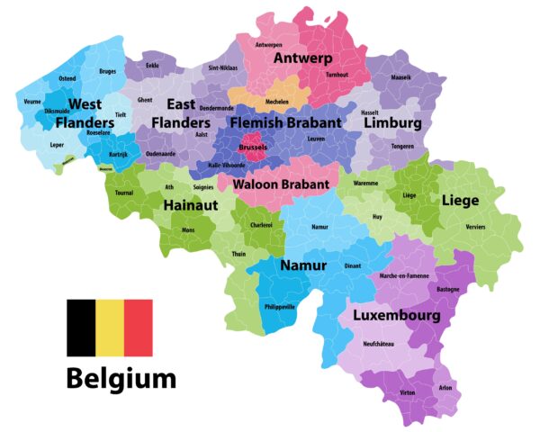 Colorful political map of Belgium showing its provinces and major cities, with the Belgian flag at the bottom left corner.