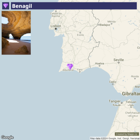 A map featuring a location marker over Benagil in Portugal, with a small photo overlay in the top left corner showing the Benagil sea cave.