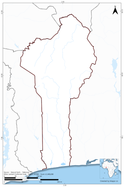 Blank map of Benin showing borders and no labels, in color.