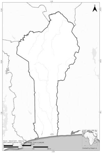 Blank black and white map of Benin with borders and no labels.