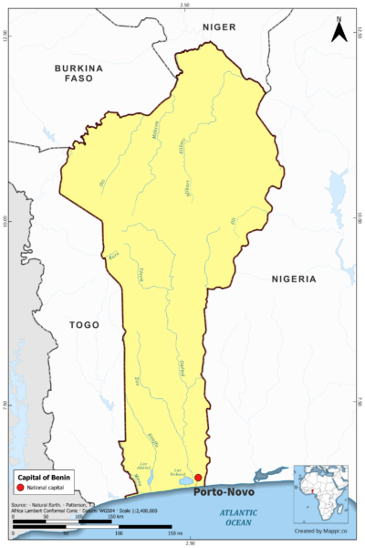 Map highlighting Porto-Novo, the capital of Benin, with country borders, in color.