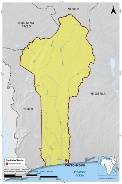Map highlighting Porto-Novo, the capital of Benin, with surrounding countries and geographical features, in color.