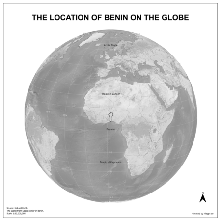 Map showing Benin's location on a globe, highlighted in red on the African continent.