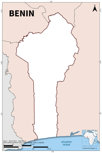 Outline map of Benin with country borders in color.