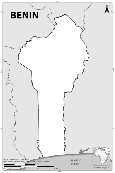 Black and white outline map of Benin, showing the country's borders.
