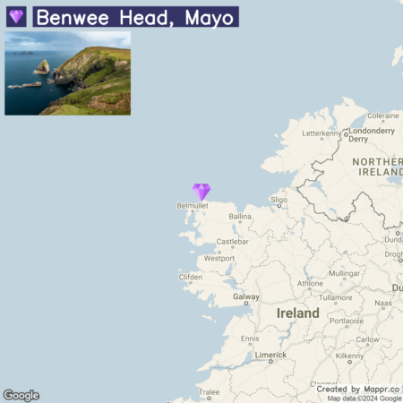 Alt text: A map highlighting Benwee Head in Mayo, Ireland, with an inset image of the coastal landscape featuring cliffs and small islands at the top left corner.