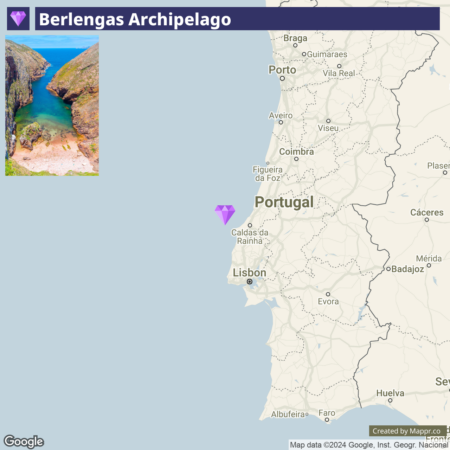 A map of Portugal highlighting the Berlengas Archipelago's location with a corresponding image of a scenic view from the archipelago showing cliffs and a turquoise water inlet.