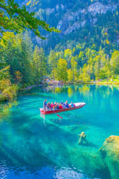 The calm, turquoise depths of Blausee Lake