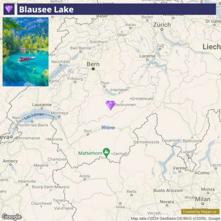 A map showing markers for Blausee Lake, Rhône, and Matterhorn in Switzerland with surrounding cities and geographical features. The lake is marked with a photo of a crystal-clear body of water with a boat and forested edges.