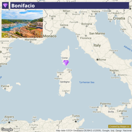 A map highlighting the location of Bonifacio on the southern tip of Corsica with a photo inset of the coastal town, adjacent to a label indicating its position relative to mainland France, Italy, and the surrounding Mediterranean Sea.