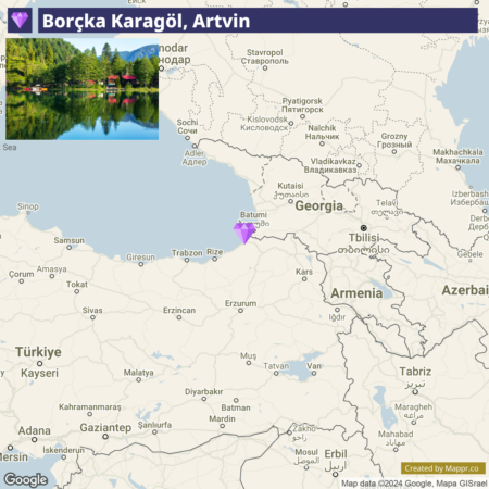 A map showing the location of Borçka Karagöl in Artvin, Turkey, with a marked position on the northeastern side of the country, close to the Black Sea coast and the Georgian border.