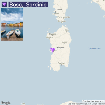 A map of Sardinia highlighting Bosa with a purple marker, accompanied by an inset photograph showing colorful buildings by the water with boats docked in the foreground.