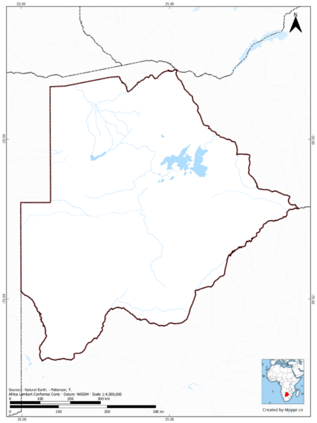 Blank map of Botswana showing borders and no labels, in color.