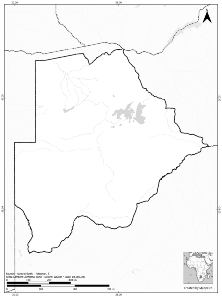 Blank black and white map of Botswana with borders and no labels.