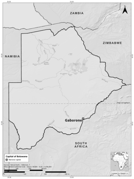 Black and white map highlighting Gaborone, the capital of Botswana.