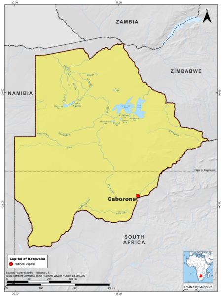 Map highlighting Gaborone, the capital of Botswana, with surrounding countries and geographical features, in color.