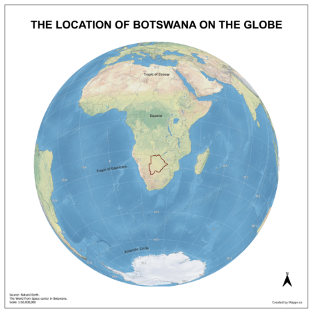 Map showing Botswana's location on a globe, highlighted in red on the African continent.