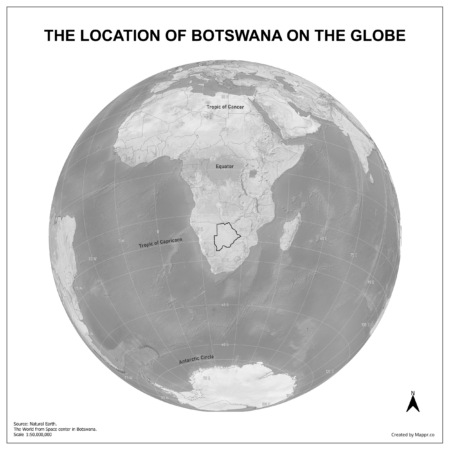 Map showing Botswana's location on a globe, highlighted in red on the African continent.