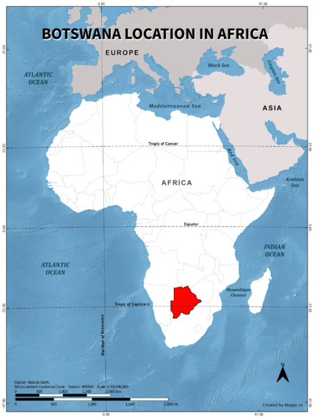 Botswana location on world map, color version.