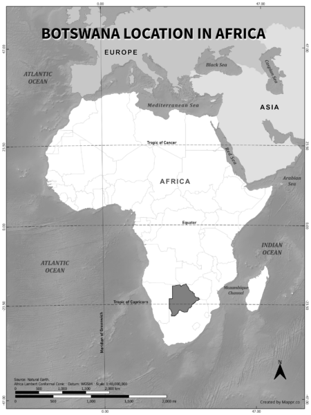 Botswana location on world map, black and white version.