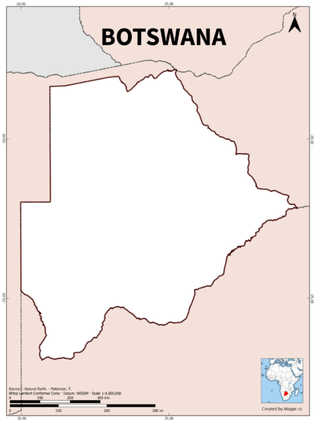 Outline map of Botswana with country borders in color.