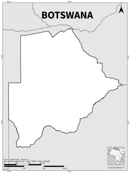Black and white outline map of Botswana, showing the country's borders.