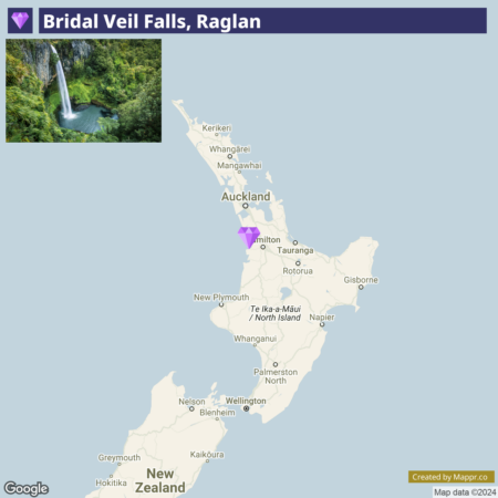 A map of the northern part of New Zealand's North Island highlighting Bridal Veil Falls near Raglan with a marker, and a smaller picture of the waterfall in the upper left corner.