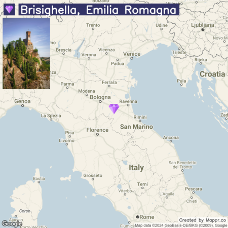 Map of Italy highlighting the Emilia Romagna region with a location marker over Brisighella, accompanied by a picture of a tower on a hill surrounded by trees in Brisighella.