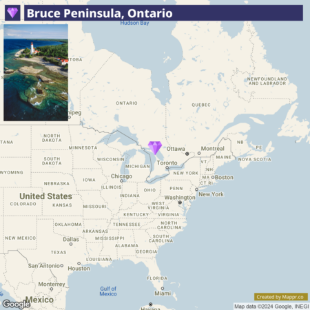 A map highlighting the Bruce Peninsula in Ontario, Canada, with a small inset showing a photo of a coastal scene with a lighthouse, and the surrounding areas including parts of the United States and Canadian provinces.