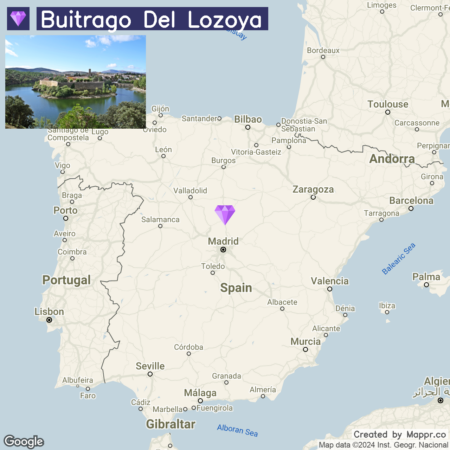 Map showing the location of Buitrago del Lozoya, marked with a purple diamond near Madrid, Spain. The map includes other major cities and borders within the Iberian Peninsula.