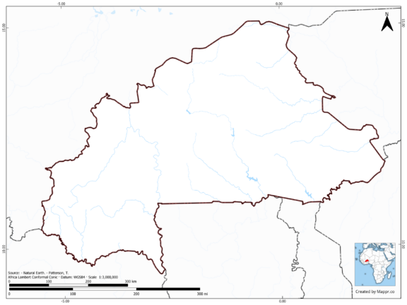 Blank map of Burkina Faso showing borders and no labels, in color.