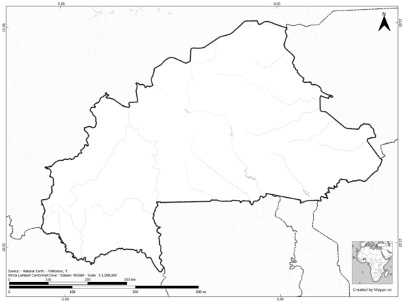 Blank black and white map of Burkina Faso with borders and no labels.