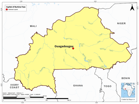 Map highlighting Ouagadougou, the capital of Burkina Faso, with country borders, in color.
