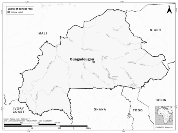 Black and white map highlighting Ouagadougou, the capital of Burkina Faso.