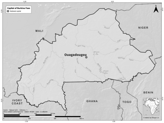 Black and white map of Burkina Faso highlighting Ouagadougou as the capital, with neighboring countries.