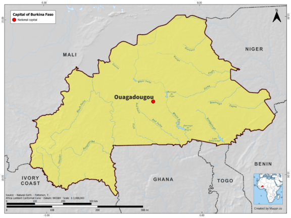 Map highlighting Ouagadougou, the capital of Burkina Faso, with surrounding countries and geographical features, in color.