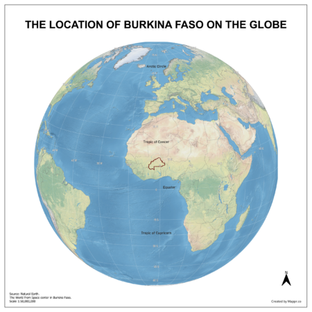 Map showing Burkina Faso's location on a globe, highlighted in red on the African continent.