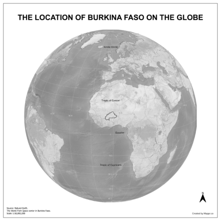 Map showing Burkina Faso's location on a globe, highlighted in red on the African continent.