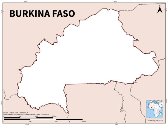 Outline map of Burkina Faso with country borders in color.