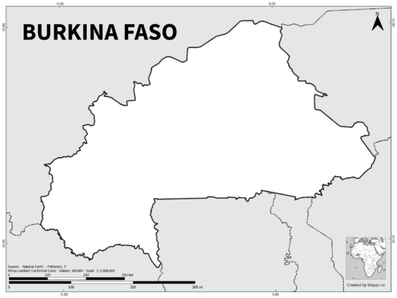 Black and white outline map of Burkina Faso, showing the country's borders.
