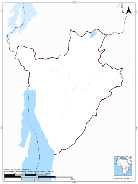 Blank map of Burundi showing borders and no labels, in color.
