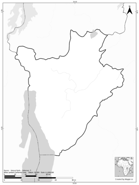 Blank black and white map of Burundi with borders and no labels.