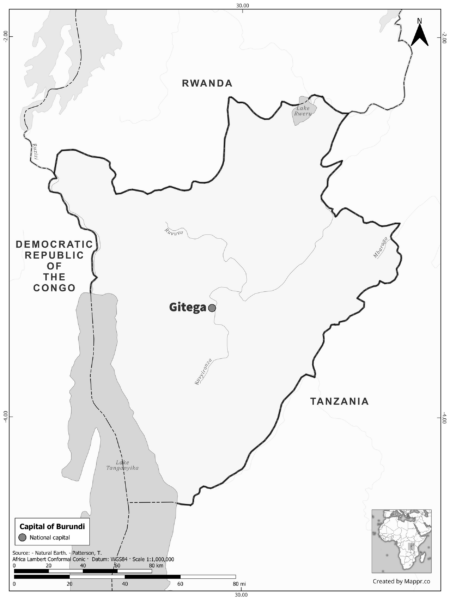 Black and white map highlighting Gitega, the capital of Burundi.