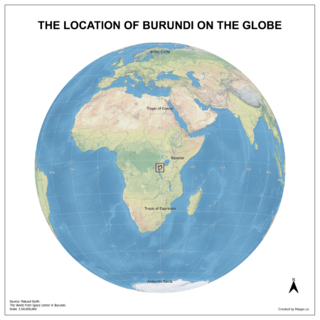 Map showing Burundi's location on a globe, highlighted in red on the African continent.