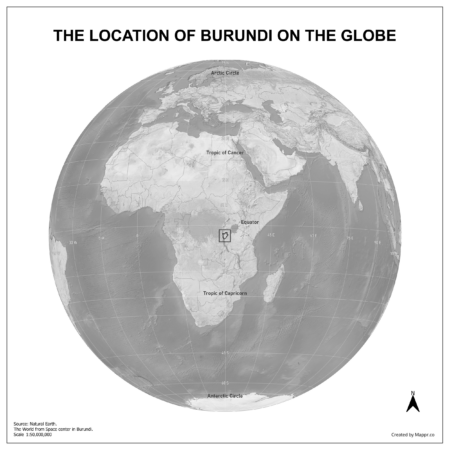 Map showing Burundi's location on a globe, highlighted in red on the African continent.