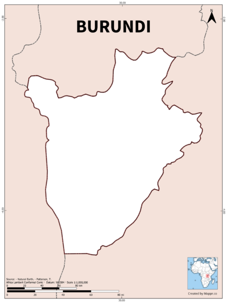 Outline map of Burundi with country borders in color.