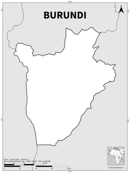 Black and white outline map of Burundi, showing the country's borders.