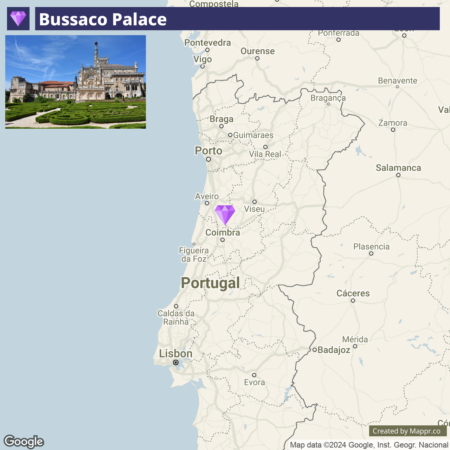 An image displaying the Bussaco Palace in the foreground with a neatly landscaped lawn, and a map of Portugal highlighting the palace's location in the background.