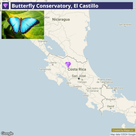 A map highlighting the location of the Butterfly Conservatory in El Castillo, with a small inset photo of a vibrant blue butterfly on the top left corner. The map shows the northern part of Costa Rica and the southern part of Nicaragua with geographical markers for cities and borders.